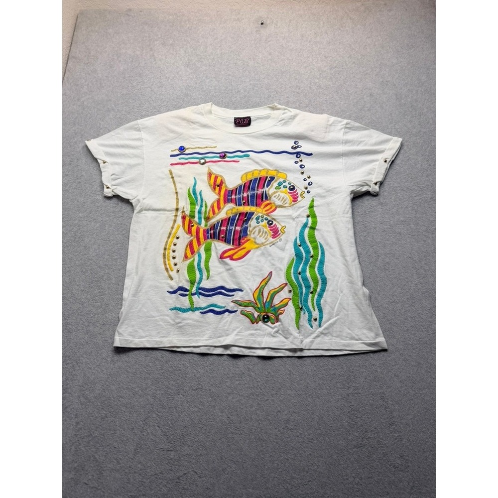 Vintage PGB Tropical Fish Embroidered Beaded T-Shirt White 90s Coastal Boxy L